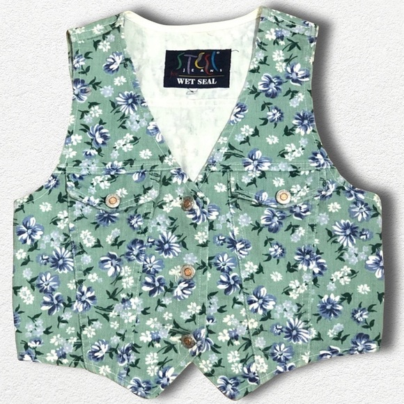 Vintage Wet Seal 90s Denim Vest, Crop, S, STEEL Jeans Floral Cottage - Picture 1 of 8